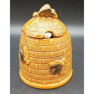 Vtg Bee Hive Honey Pot Jam Jar With Spoon Figural Bees Small Chip